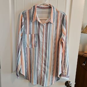 Striped Polyester Women's Button Up the Front Tunic Blouse